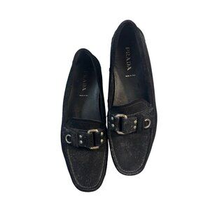 Prada Black Suede Driving Shoes Flats Silver Buckle Size US 9.5-10 EU 39.5 Made